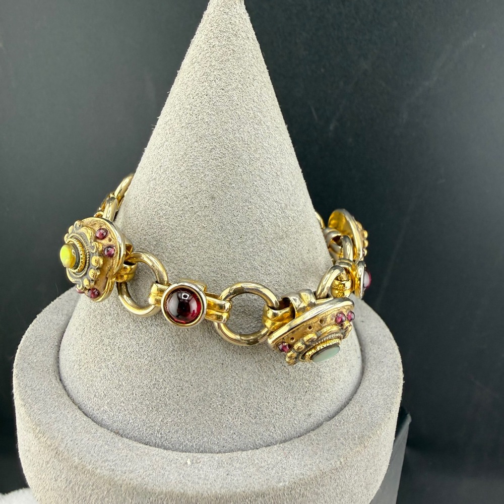 Vintage Heart Link Bracelet Gold Red Green 7.5in - Picture 5 of 9